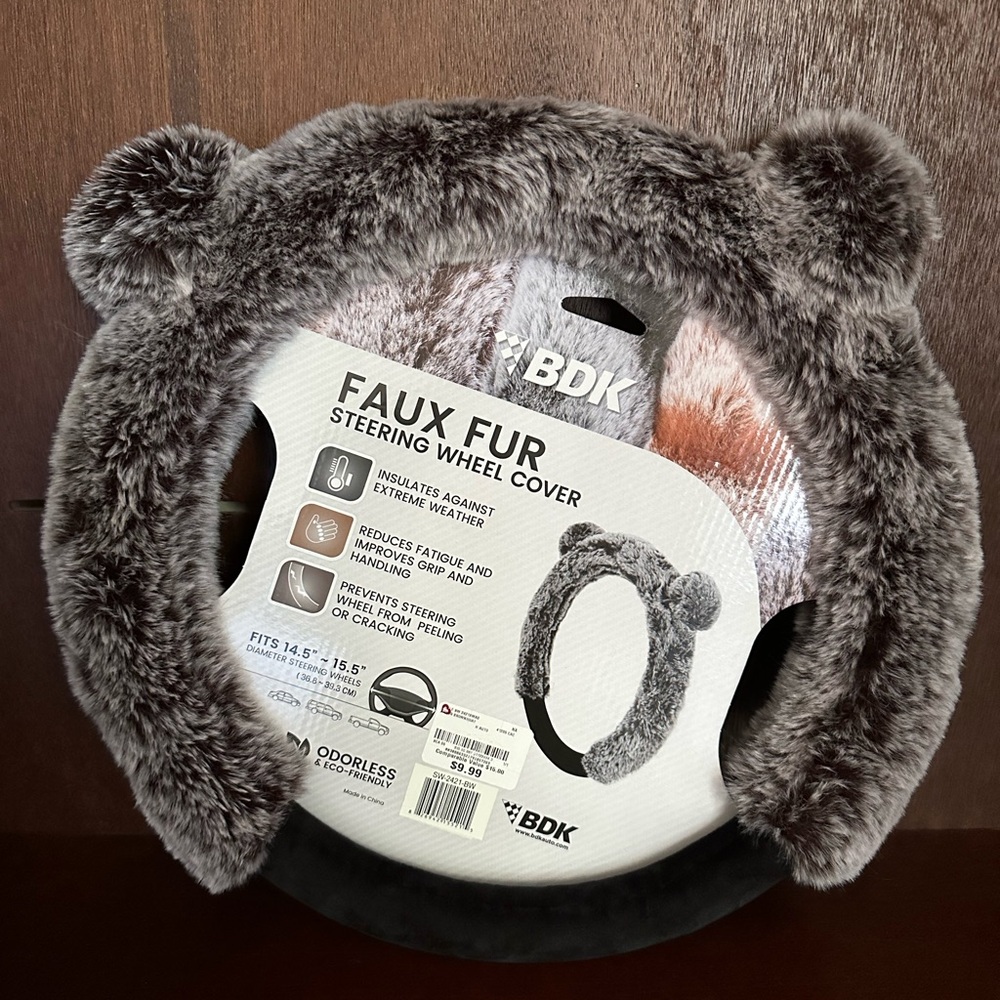 Faux Fur Steering Wheel Cover - Gray